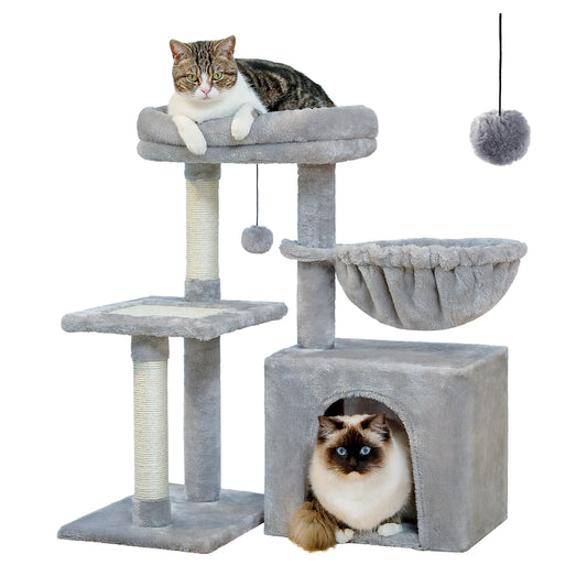 Cat Tree Tower – Multi-Level Activity Center with Scratching Posts & Hammock (Grey)