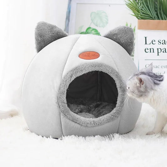 Cat Head Shape Warm Bed – Cute Semi-Closed Cave with Non-Slip Base