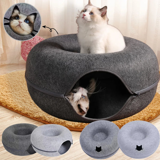 2-in-1 Felt Donut Cat Bed & Tunnel – Interactive Play House with Breather Hole