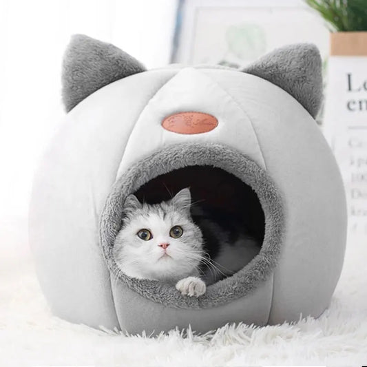 Cat Head Shape Warm Bed – Cute Semi-Closed Cave with Non-Slip Base