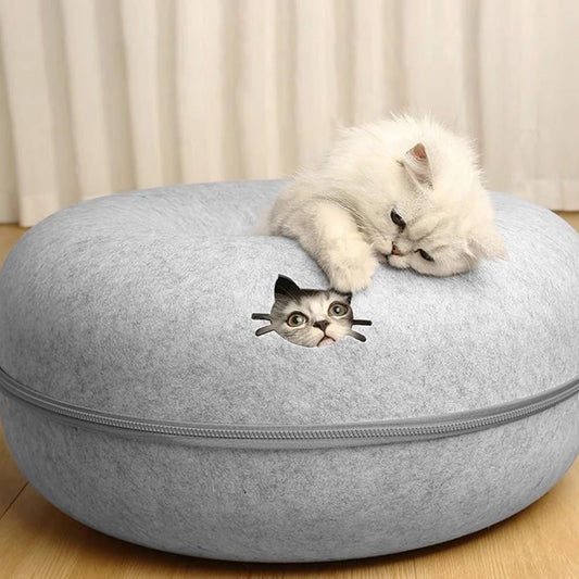 2-in-1 Felt Donut Cat Bed & Tunnel – Interactive Play House with Breather Hole