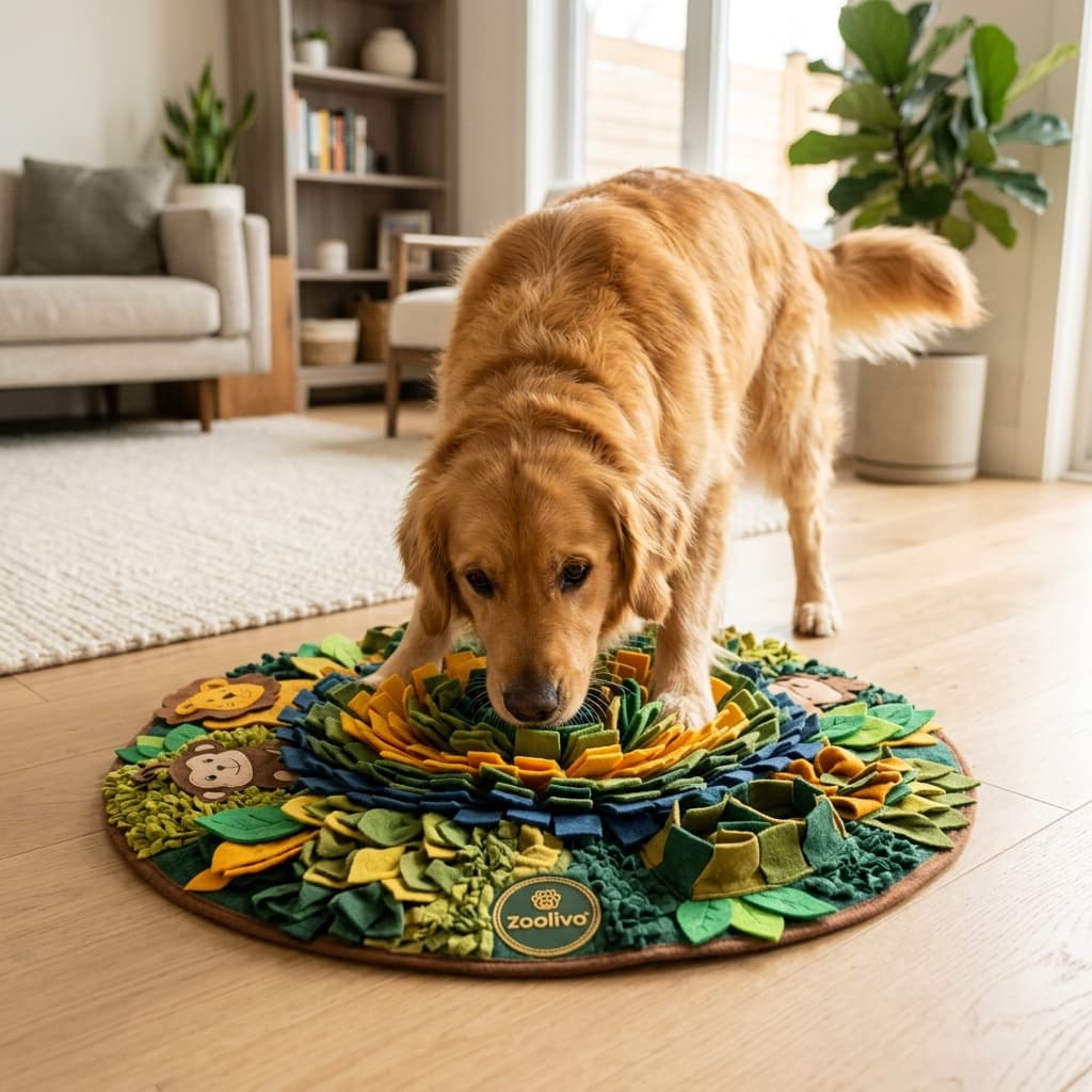 Dog using a Zoolivo snuffle mat enrichment toy